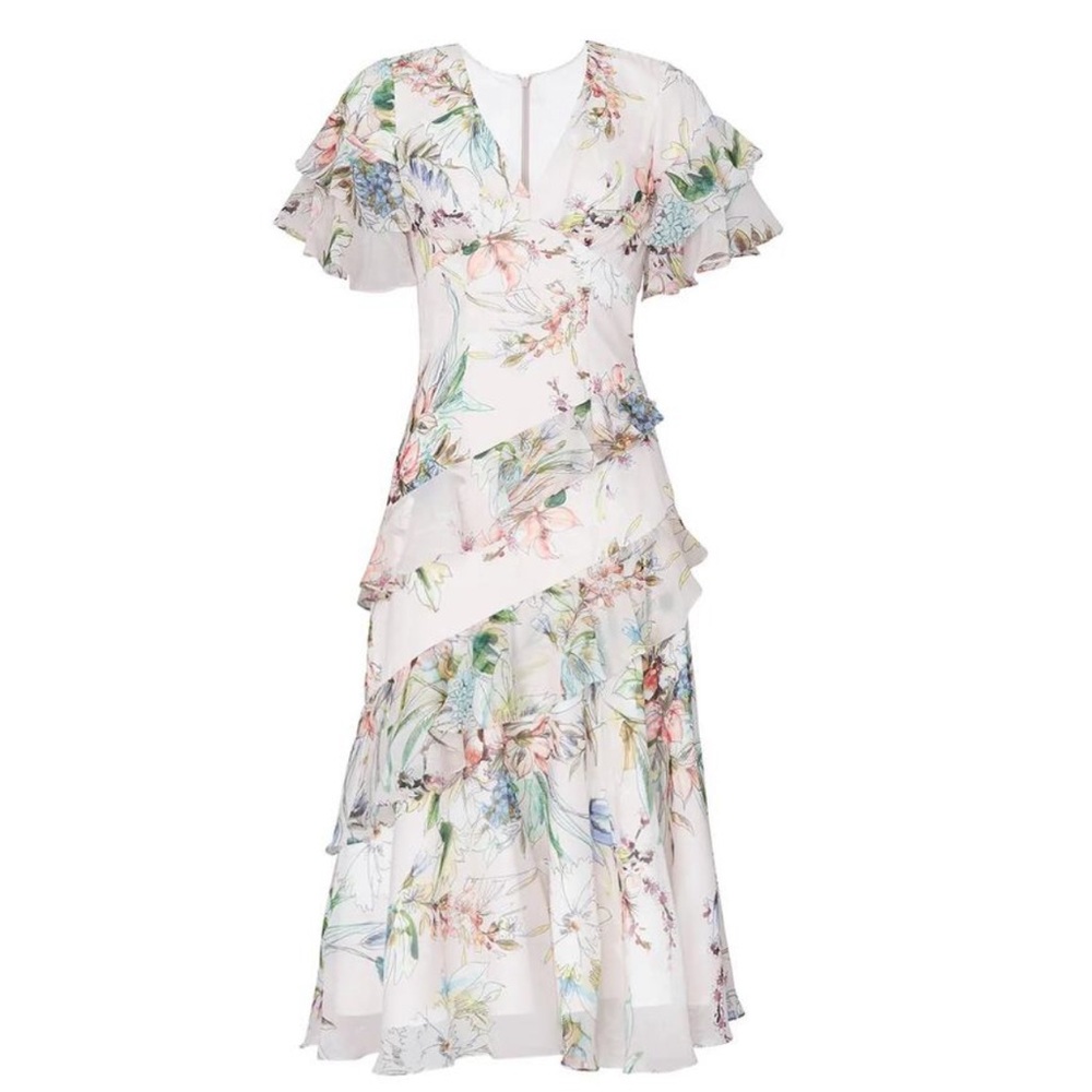 Theia Blush Multi Floral Print V-Neck Ruffle Midi Dress size 4